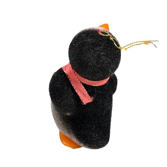 Vtg Flocked Fuzzy Penguin Ornament Scarf 3.5 in Orange Plastic Feet Beak - Picture 5 of 7